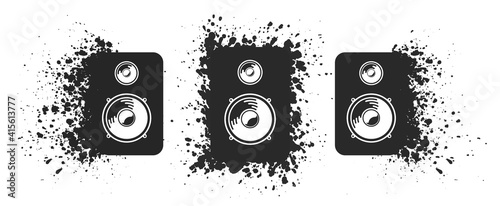 Vector loudspeakers set. Collection of black sound speakers explosion particles effect on white background