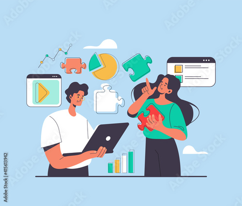 Bussines office workers taem characters develope project. New business start up concept. Vector cartoon flat graphic design illustration
