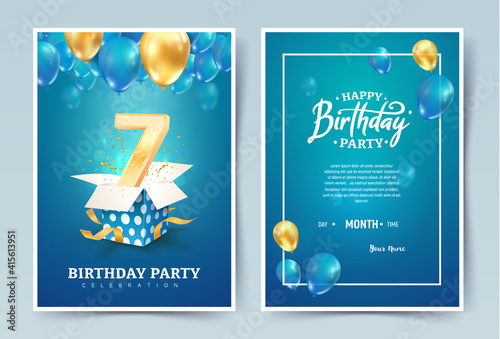 7th years birthday vector invitation double card. Seven years anniversary celebration brochure. Template of invitational for print on blue background photo