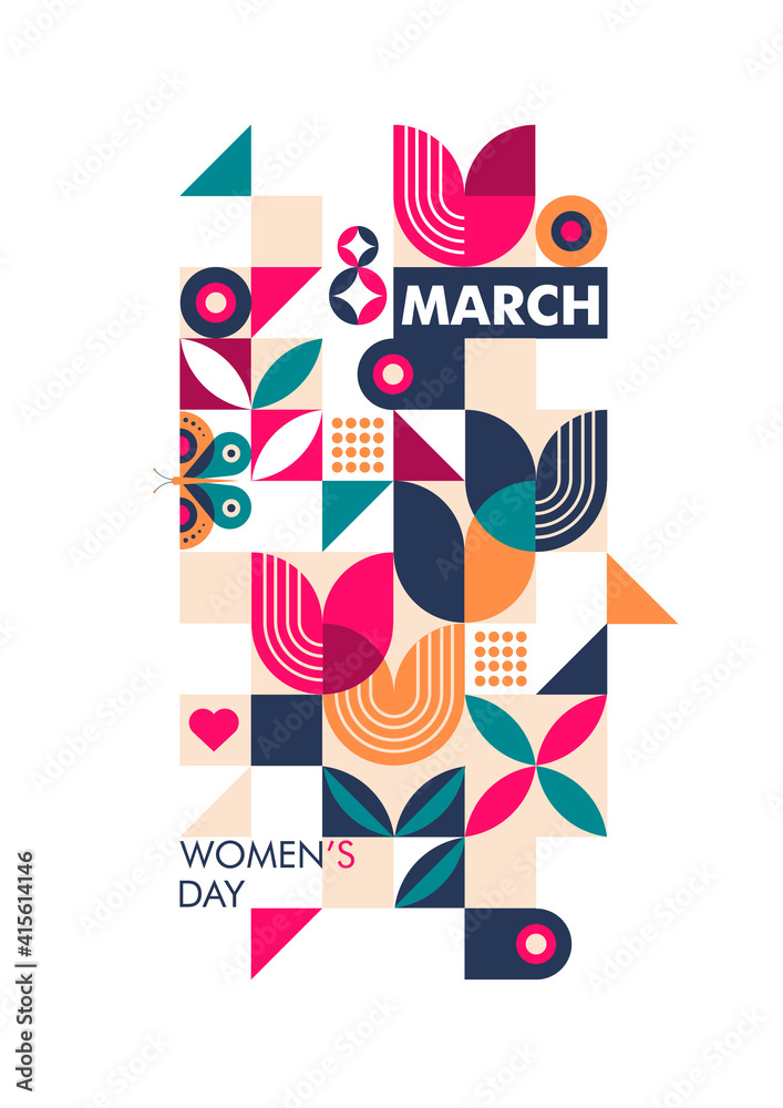 International Women's Day. 8th March. Template for cards, posters, invitations. Geometric flat composition with butterfly and abstract tulips.