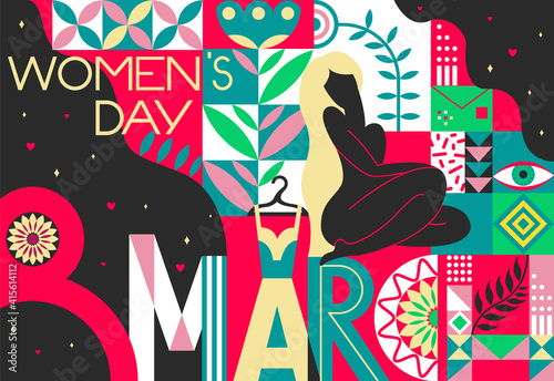 International Women s Day. 8th March. Template for cards  posters  invitations. Abstract composition in flat style with a girl.