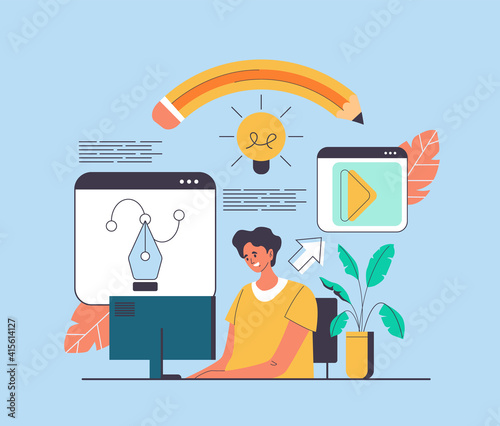 Man journalist copywriter working and writing artikle text book concept. Vector cartoon flat graphic design illustration