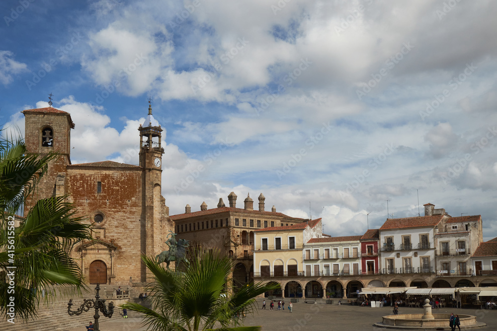 View of the Plaza Mayor of Trujillo (Caceres). Monumental area. With the equestrian statue of Francisco Pizarro.