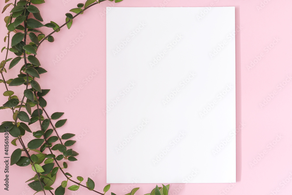 Fototapeta premium vertical blank paper page on pink background with green plant, mockup for pictures