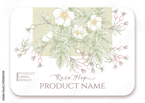 Rose hips with flowers and berries. Template for product label, cosmetic packaging. Easy to edit. Graphic drawing, engraving style. Vector illustration.