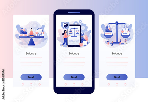 Work and life balance. Tiny people keep harmony between career and money versus love and time, leisure or business. Screen template for mobile smart phone. Modern flat cartoon style. Vector 