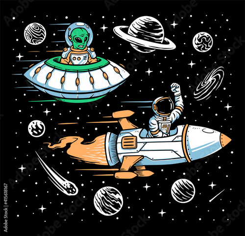 Astronaut and alien race illustration