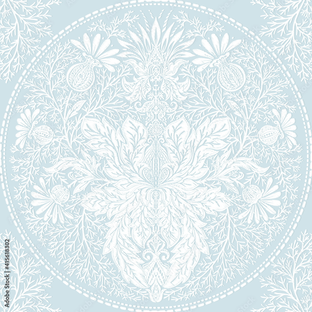 Tradition floral seamless pattern, damask vintage ornament. Royal victorian flourish wallpapper, luxury textile. Embroidery emitation. Vector illustration.