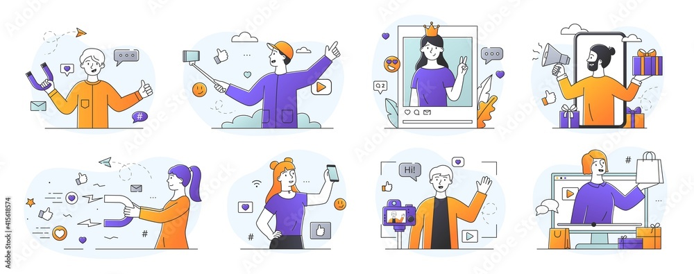 Set of eight designs showing Social Influencers on mobile apps, live streaming for digital media engaged in different activities or promotions or imparting their expertise, outline vector illustration