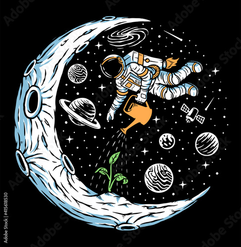 Astronaut plant trees on the moon illustration