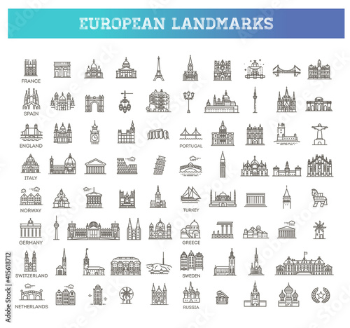 Simple linear Vector icon set representing global tourist european landmarks and travel destinations for vacations