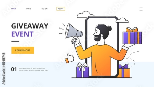 Male Social Media Influencer doing a Giveaway Event or Promotion with wrapped gifts using a megaphone with lateral copyspace for a website template with copyspace, flat outline vector illustration