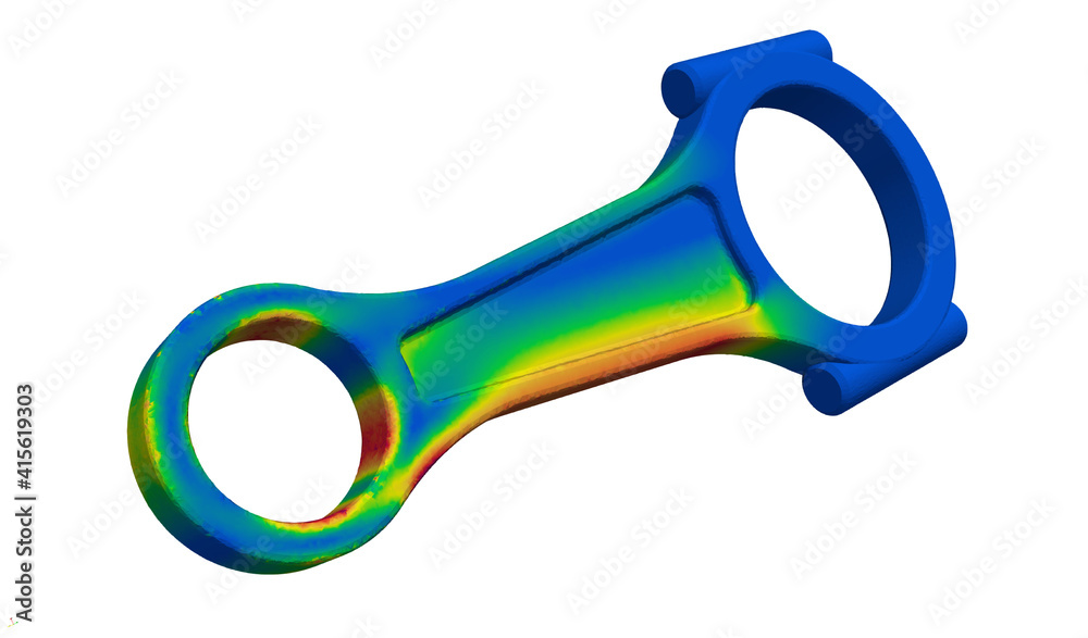 3D Illustration. Isometric facing left view Von Mises engineering stress plot of an engine connecting rod 3D Illustration. Isometric facing left view Von Mises engineering stress plot of an engine connecting rod