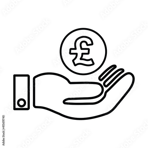 Pound sterling on the hand outline icon. line art vector.