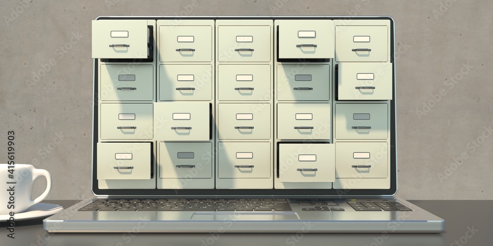 Filing archives cabinet on a laptop screen, office desk background. 3d illustration