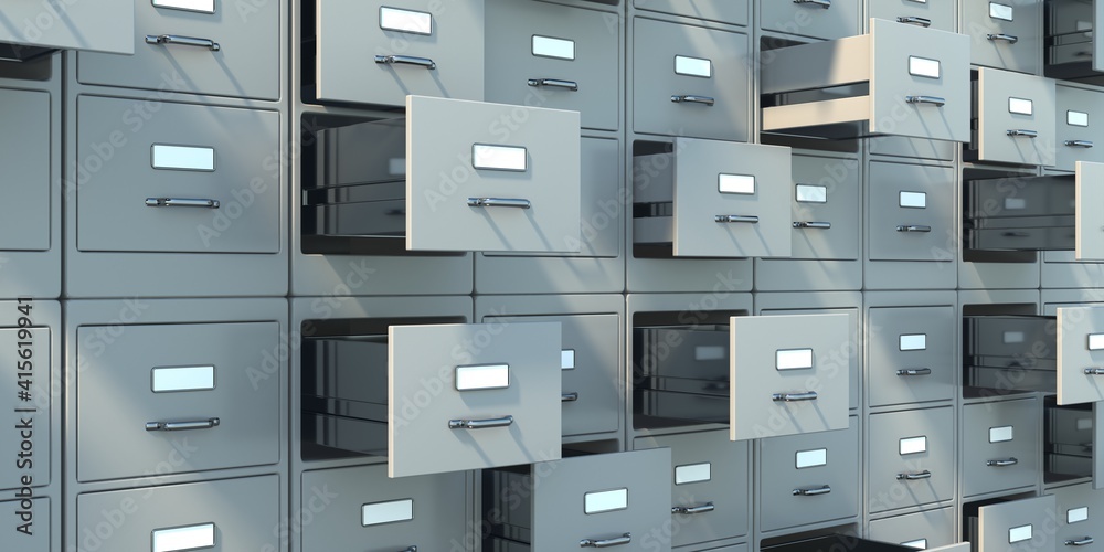 Archive file cabinets grey color background. Open drawers. 3d illustration