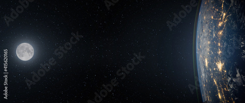 Fototapeta Naklejka Na Ścianę i Meble -  Full moon. and planet Earth against the background of the starry night sky. Space background with Earth and satellite Moon. Elements of this image furnished by NASA.