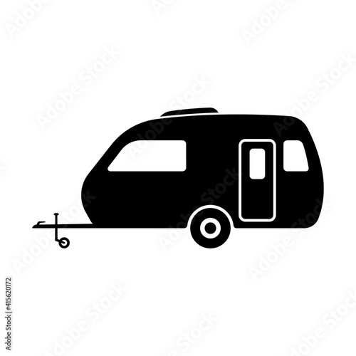 Motorhome trailer icon. Black silhouette. Side view. Vector flat graphic illustration. The isolated object on a white background. Isolate.