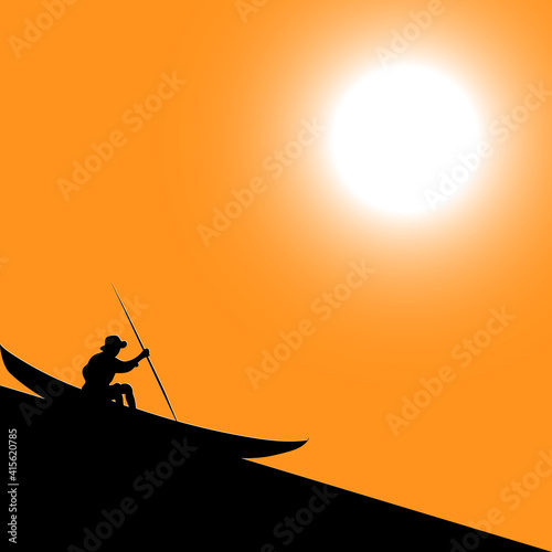 vector illustration of a black silhouette of a man in a hat with a pole sits on a boat going down an incline against the background of a hot sunny sky