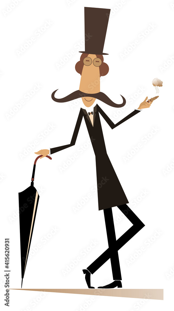 Cartoon long mustache man with cigar and umbrella isolated on white illustration
Cartoon long mustache man with cigar and umbrella isolated on white illustration