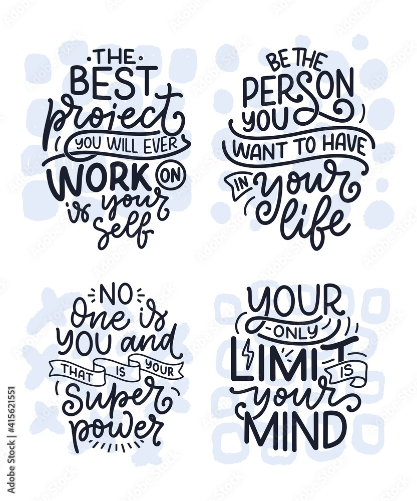 Set with lettering slogans about be yourself. Funny quotes for blog, poster and print design. Modern calligraphy texts about selfcare. Vector Set with lettering slogans about be yourself. Funny quotes for blog, poster and print design. Modern calligraphy texts about selfcare. Vector