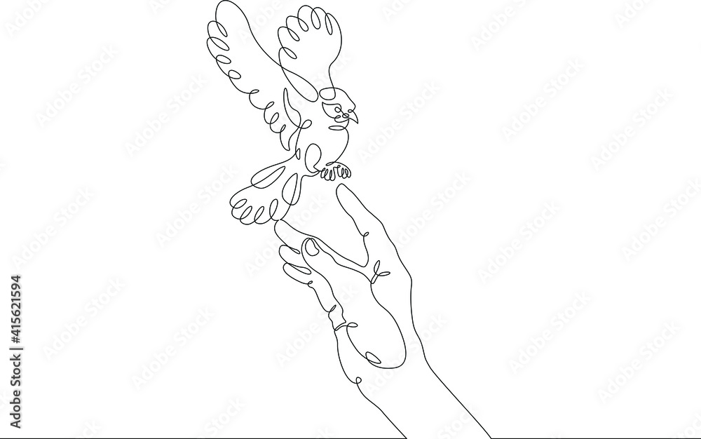 The bird sits on the human hand. Bird flying in the air. Open palm. One continuous drawing line  logo single hand drawn art doodle isolated minimal illustration.
