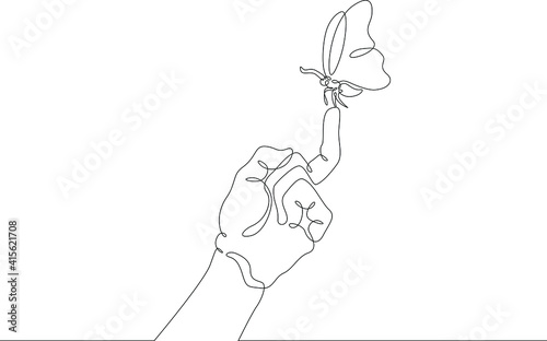 Butterfly sit on the human hand. Insect moth flying in the air. Open palm. One continuous drawing line  logo single hand drawn art doodle isolated minimal illustration.