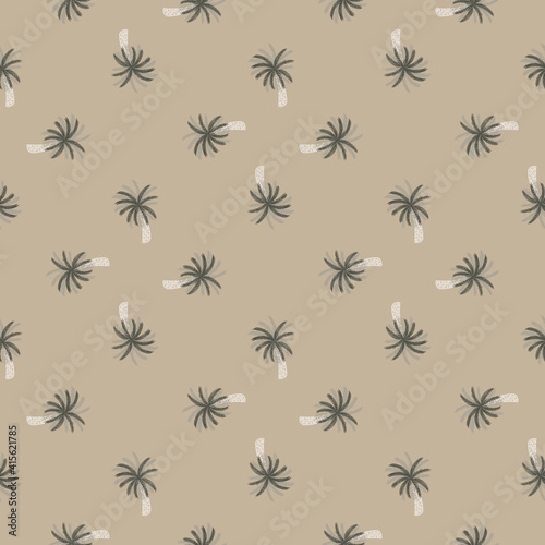 Cartoon abstract seamless pattern with grey colored little palm tree silhouettes print. Beige background.