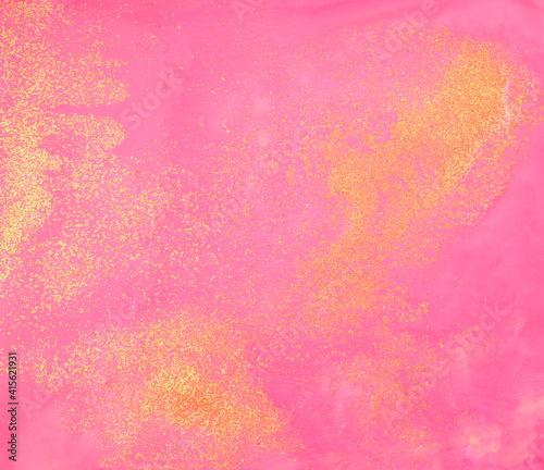 Handmade. Pink acrylic color with golden glitter texture abstract background. Ink on canvas texture artwork. Fine art. Modern, contemporary art. Original.