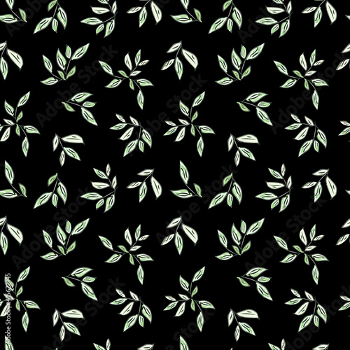 Fototapeta Naklejka Na Ścianę i Meble -  Drawing with branches of green leaves on a black background.