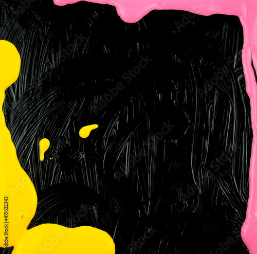 Fluid art texture. Black, yellow and pink wet ink acrylic on canvas. Abstract background artwork. Off-center, flat lay, overlay composition. Handmade, original art.