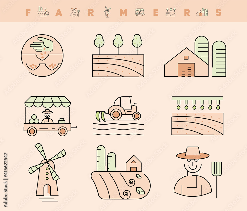 Fototapeta premium Farming and Farming Line Icons Set. Such Icons include topics such as mill, farmer man, tractor, marketplace, storage area and harvesting. Colored agriculture icon set. Editable Stroke.