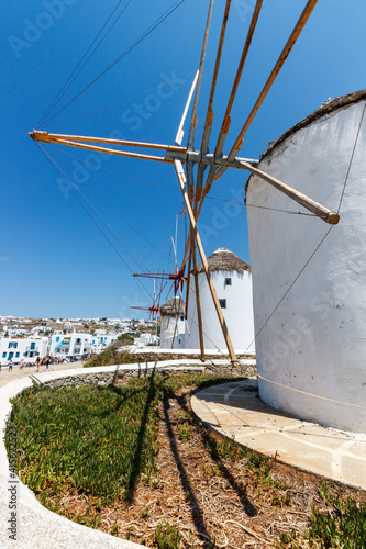Mykonos island, typical view of the windmills in Chora town.