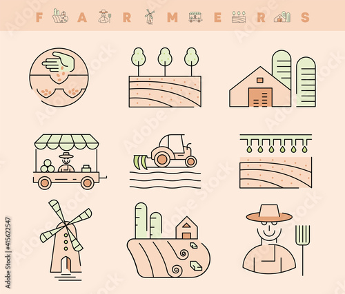 Farming and Farming Line Icons Set. Such Icons include topics such as mill, farmer man, tractor, marketplace, storage area and harvesting. Colored agriculture icon set. Editable Stroke.