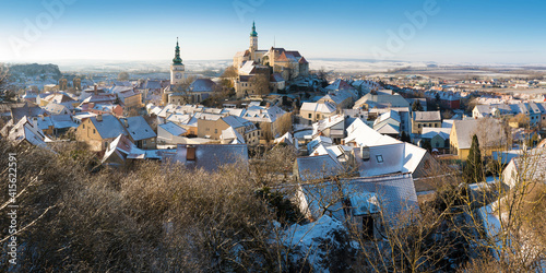Papier peint Scenic panorama romantic view of beautiful historical landmark Mikulov Castle and historical city centre of Mikulov in South Moravia, Czech Republic