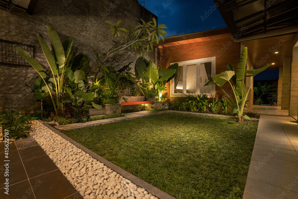 Fotobehang Chocoladebruin tropical Backyard Garden Illumination. Illuminated Garden at Night with Various of Plants #415622787