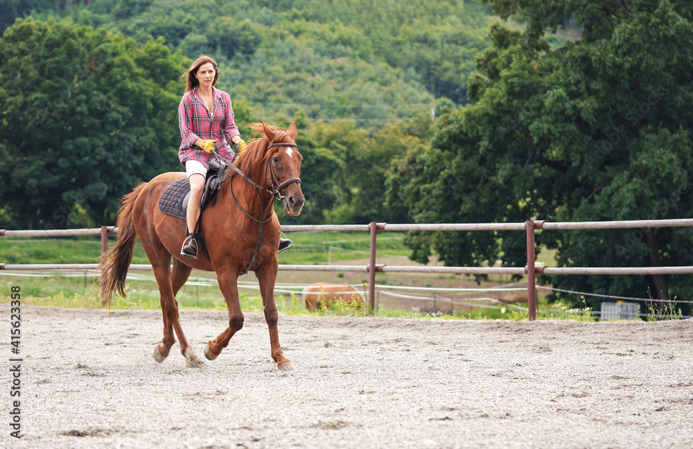Young woman in shirt riding on brown horse, blurred trees background Young woman in shirt riding on brown horse, blurred trees background
