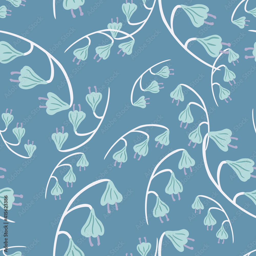 Seamless random pattern with botanic light blue bell flowers silhouettes print. SImple design. Seamless random pattern with botanic light blue bell flowers silhouettes print. SImple design.