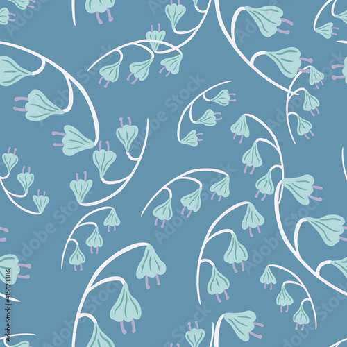 Seamless random pattern with botanic light blue bell flowers silhouettes print. SImple design.