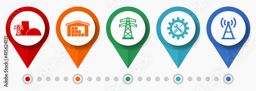 Industry, power and energy vector icon set, flat design pointers, infographic template