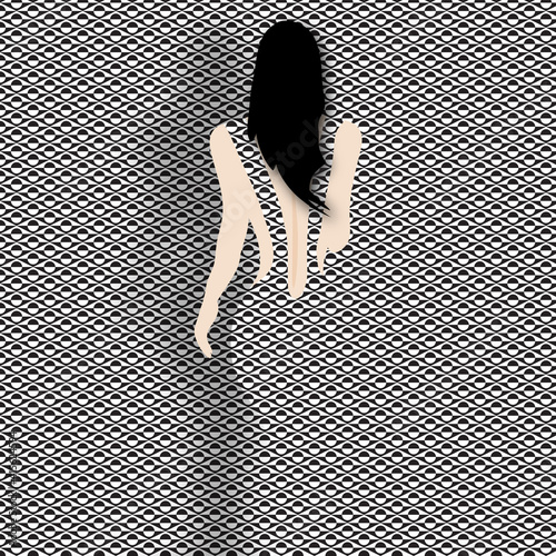 The pattern of a woman's gown blends with an abstract background.