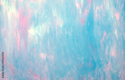 Handmade. Pastel, blue, pink, and white acrylic colors abstract texture background. Paint, smear irregular abstraction on canvas.
