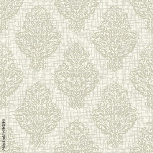 Seamless background with classic elements. Light gray, beige patterns. Texture of burlap, coarse weaving, linen, canvas. Vintage style. Square repeating print of wallpaper, textiles, wrapping. Vector.