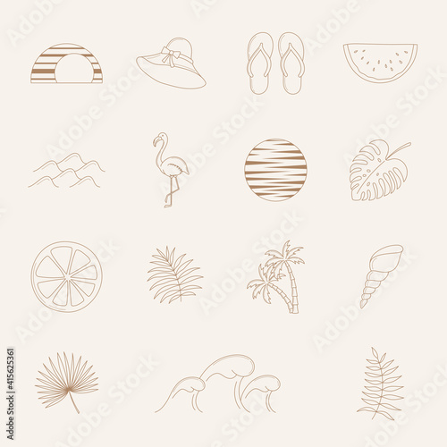 Set of summer, plants, sun, fruit, bird. Vector illustration. © Arina