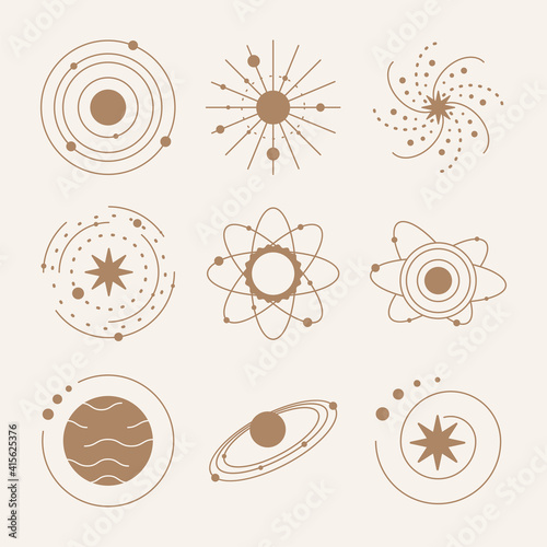 Esoteric symbols with solar system and planet. Celestial sings. Vector illustration in boho style