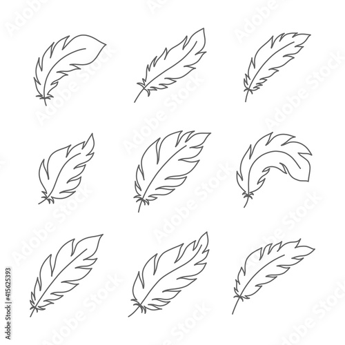Doodle feathers on white background. Graphical mono line set. Vector illustration