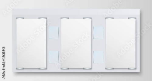 Realistic bulletin board isolated on grey wall background. Information board with three blank paper page and transparent booklet pockets. Template design for advertisement or announcement. Vector © Gurt