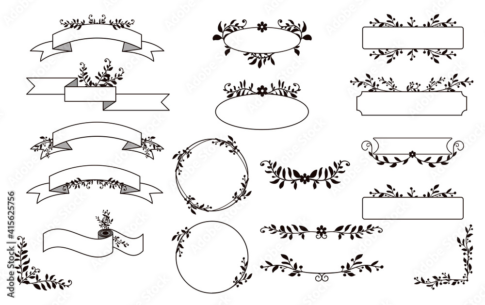 Set of frames, banners and corners decorated with sprigs of flowers