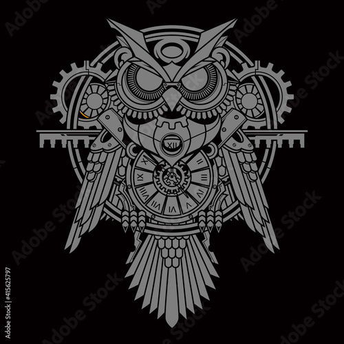 owl steampunk illustration and tshirt design