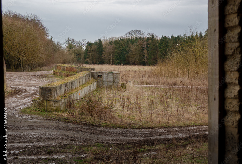view from a British Army soldier training building of empty and abandoned fortified buildings and structures
